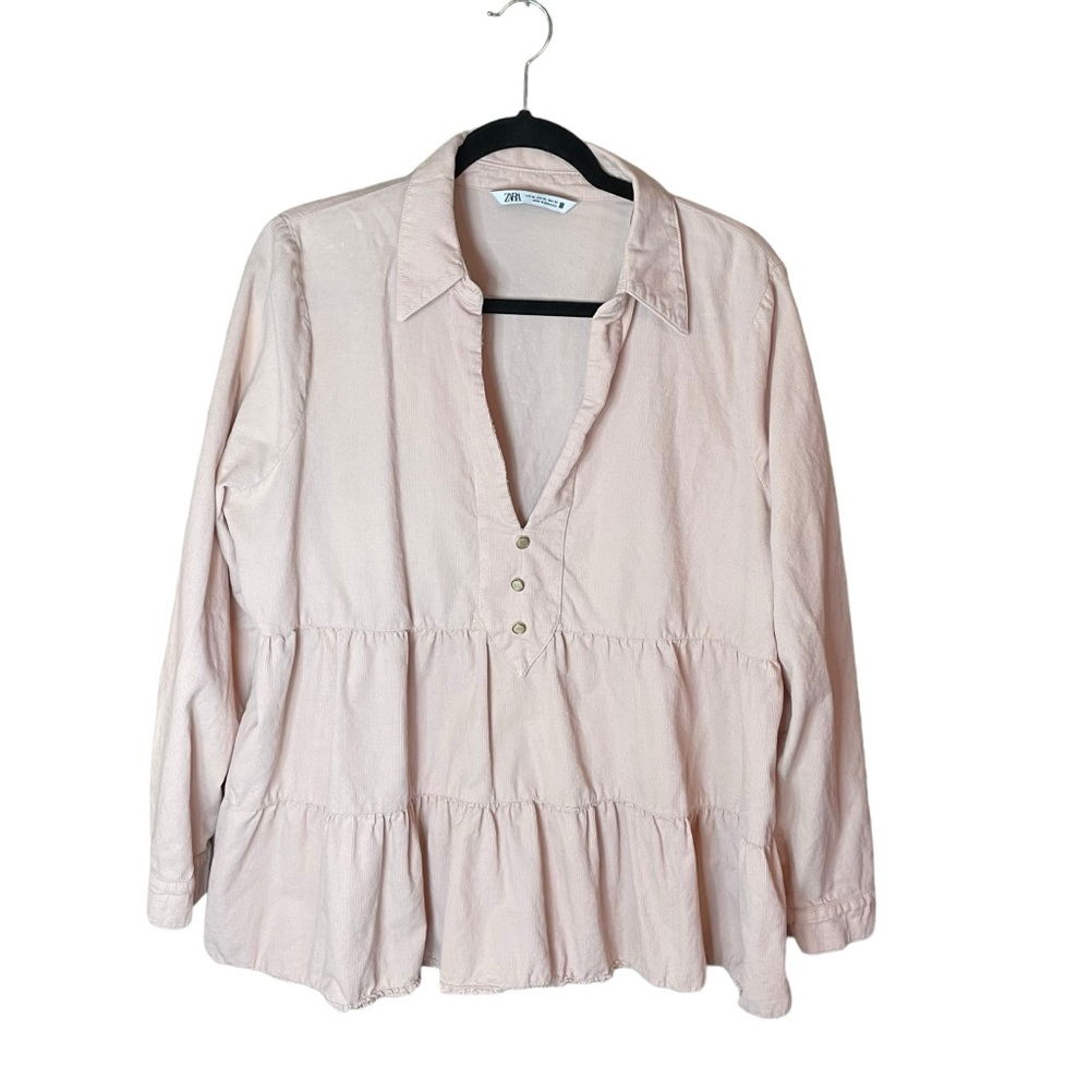Zara Light Blush Pink Corduroy Tiered Top Blouse Women’s Size XL